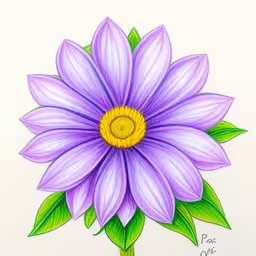 an artistically colored drawing of a purple flower,a drawing of a purple flower with green leaves,a close up image of a flower with the center painted,a drawing of a flower with green leaves,a painting of a purple flower on a white background
