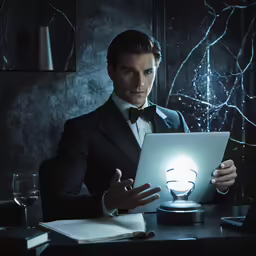 the man is looking at his tablet in a dark room
