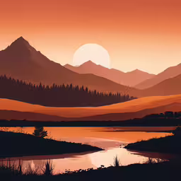 the view is in a picture it appears to be a mountains, trees, and lake at sunset,an orange sky and mountain range, at the edge of a lake