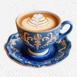 a blue and gold tea cup sits on a saucer