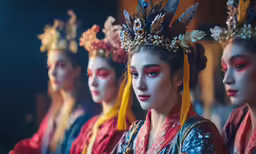 a group of asian women in costumes with flowers on their head