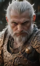 a man with white hair, a goatee, and a beard wearing armor