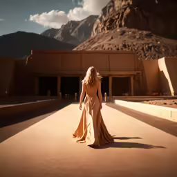 a woman in a long dress is walking on the ground