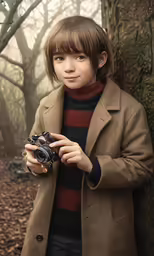 the boy in the coat is holding a camera