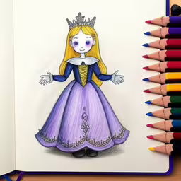 a drawing of a little girl in a princess costume,a drawing of a girl wearing a dress and crown