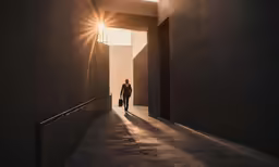 the man walks down the hallway carrying his briefcase