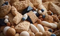 an assortment of snacky treats with blue and white candies