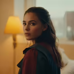 a girl sitting on a couch in front of a lamp
