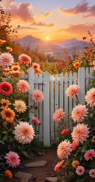 colorful flowers surrounding an open fence at sunset