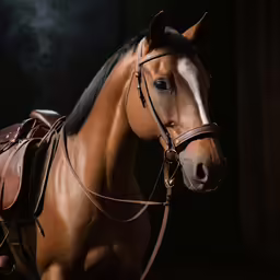 a brown and white horse wearing a bridle with a black background
