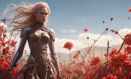 a woman in silver and grey armor is walking through flowers