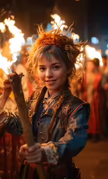a woman dressed in medieval clothing holding a stick while smiling at the camera