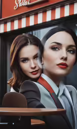 two female people sitting down outside a cafe