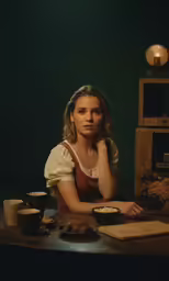 a beautiful young blonde sitting at a table