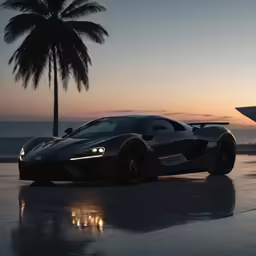 a large black sports car parked by a palm tree