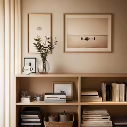 a shelf with several books, flowers and other items