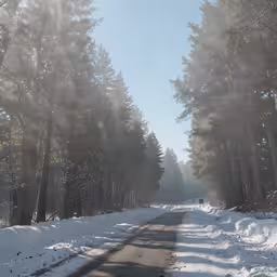 a sunbeam in the distance shining through trees along a snowy road