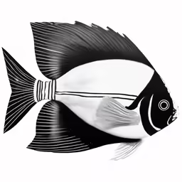 a black and white painting of a fish on a white background