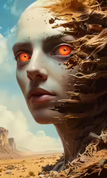 a woman is staring into the distance, with orange eyes