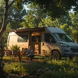 an rv is parked in the forest near two people eating