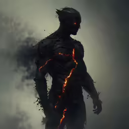 a man with lightning painted on his face and arm, is in a dark sky, standing in front of the clouds