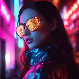 a beautiful woman wearing gold and glowing sunglasses
