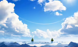 the landscape has clouds and three trees in it