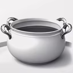 a pot on a table with a handle and a bowl for soup