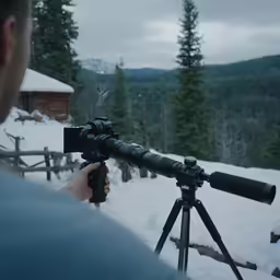 the man is holding the camera in front of the tripod