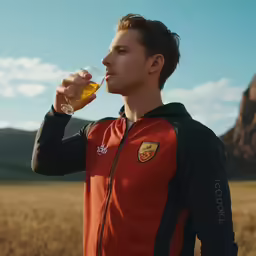 man drinking beer out of a glass in a field