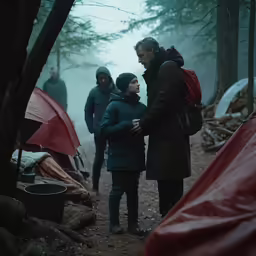 a couple talking in the woods while another looks on