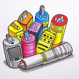 various different pens and ink colors and one tube of pencil,a drawing of crayons and lighters with pencil,an image of different colored pencils and ink cans,a drawing of crayon and other items on top of the paper,this is a drawing of different school supplies