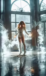 a woman in white is doing different poses in front of a window