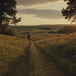 a person in a field walks down the path