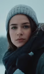 a girl in a winter jacket and grey knitted beanie