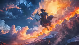 an illustration depicting a man on a horse, surrounded by mountains