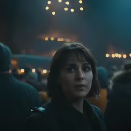 the woman stands in a crowded street at night