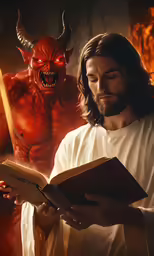 a demon standing next to a man reading a book