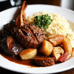 a plate topped with meat and potatoes
