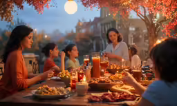 family sitting around a dinner table in the evening