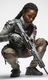 a woman holding a gun and crouching on a floor