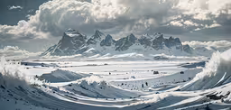 a snowy landscape with some snow mountains in the distance,a black and white image of some mountains