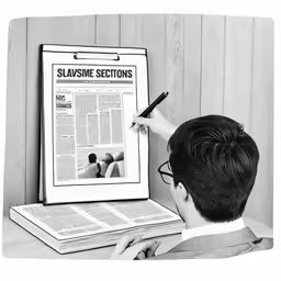 a young man sits in front of a poster while writing