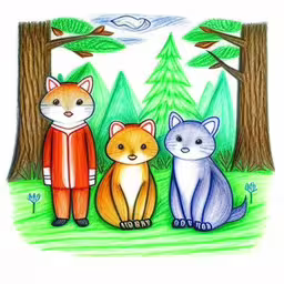 a boy standing between two cute little fox kids