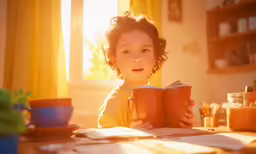the little girl is reading a book and posing for a photo