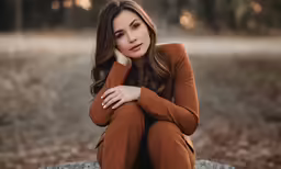 a woman sitting on the ground in the woods with her hand on her knees