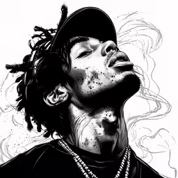 the illustration depicts a young man with tattoos and a baseball cap