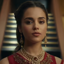 woman wearing a red and gold beaded dress in front of wooden stairs
