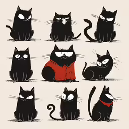 a bunch of black cats with different faces