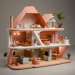 the dollhouse is set up in a house with furniture
